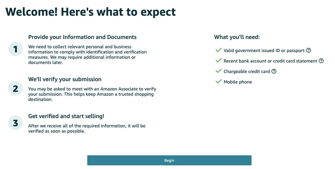 Amazon sellers must provide the above information before they can start listing products.